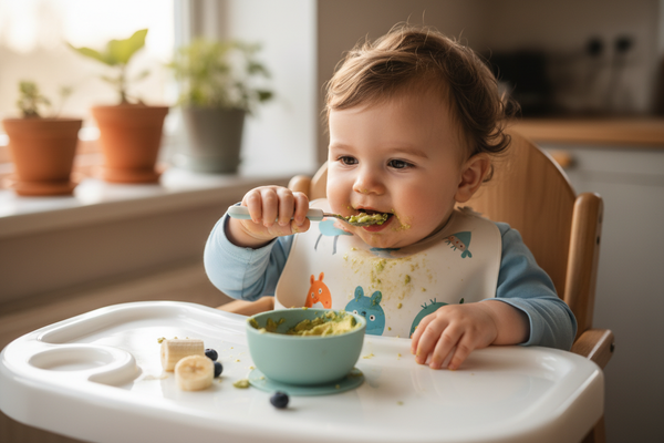 baby eating with himself on his chair