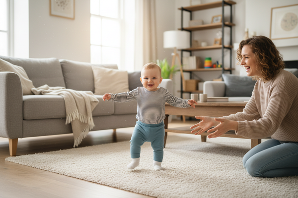 baby running and walking in the house with mom